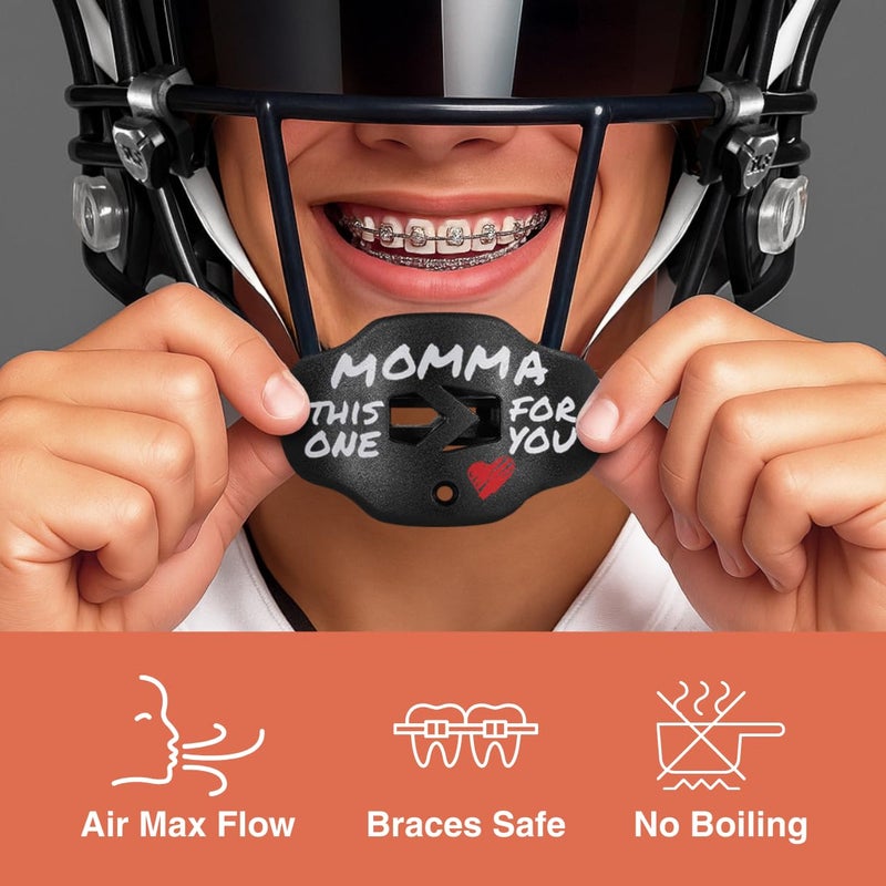 SLEEFS Football Mouth Guard - Youth Mouthguard with Strap - Lip/Teeth Protector Mouthpiece - No Boil - for Youth/Adults, Maximum Air Flow, for All Sports - Momma This One for You in Black - Image 2